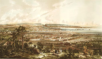 Vista de la ciudad de Matanzas desde el Cafetal de Vicente Guerrero. Siglo XIX Grabado de E. Laplante, Isla de Cuba Pintoresca, 1856.