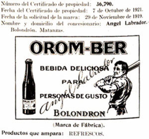 Marca de fábrica de los refrescos Orom-Ber solicitada por Ángel Labrador en 1919.