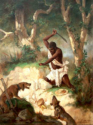 Cimarrón Luchando con Perros Cazadores. (Víctor Patricio Landaluze).