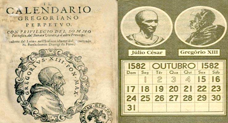 Calendario Gregoriano perpetuo de Bartolomeo Dionigi y una página  correspondiente al año 1582 con los días que se ajustan.