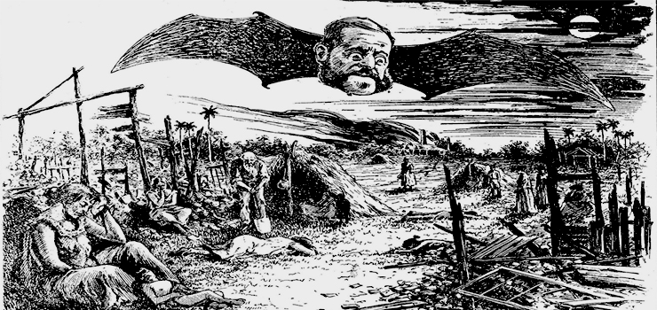 La Paz de Weyler, caricatura publicada por la Prensa revolucionaria en alusión a la reconcentración ordenada en Cuba por Weyler en 1896.