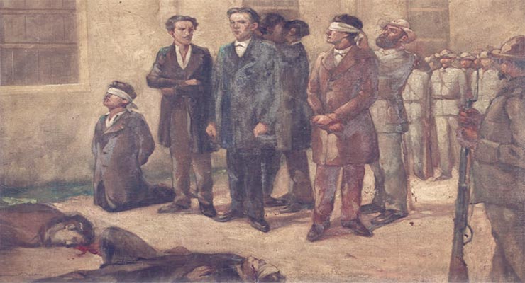Fusilamiento de los estudiantes de medicina el 27 de noviembre de 1871. Autor: Manuel Mesa Cubillo. Colección Museo de la Ciudad. Óleo sobre tela.