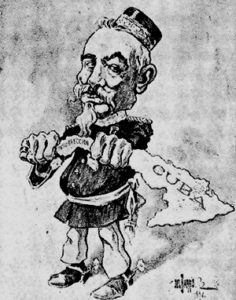 Titulada El lado flaco publicó El Fígaro de la Habana el 19 de enero de 1896 esta caricatura, por Del Barrio del general y gobernador Arsenio Martínez Campos comenta la retirada de dicho general.