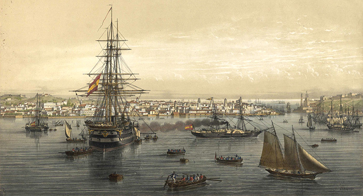 Habana, Vista del puerto y de la Ciudad. [Litografía].Le Breton, L. (1818-1866). Biblioteca Nacional de España.