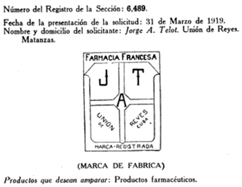 Marca de fábrica de la Farmacia Francesa de Telot en 1919.