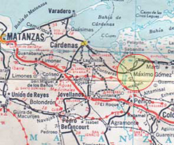 Ubicación de Máximo Gómez en la provincia de Matanzas.