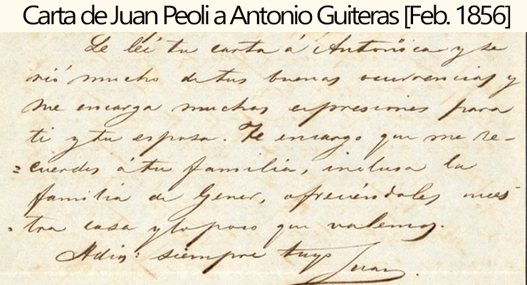 Firma de Juan Peoli en la 3ra pág. de la carta dirigigida a Antonio Guiteras en febrero 1856 (Fuente: Biblioteca Harvard University). 