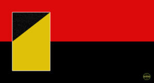 Bandera de los acuartelados. Figura de Rectángulo rojo, negro y amarillo con triángulo.