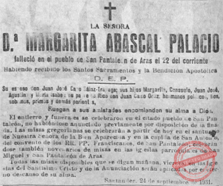 Esquela fúnebre de Margarita Abascal Palacio fallecida en 1931.