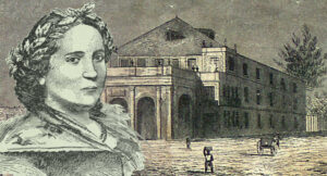 Gertrudis Gómez de Avellaneda representada en un grabado que acompañaba este artículo y otro del Teatro Tacón Ca. 1849.