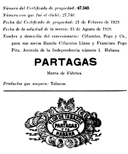 Marca de Fábrica de los Tabacos Partagás solicitada en agosto de 1928.