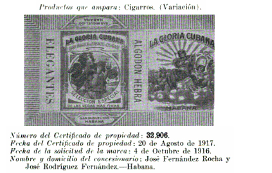 Certificado de propiedad que amparaba en 1917 los cigarros La Gloria Cubana.