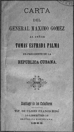 Portada de la publicación de 1893 donde aparece la carta de Máximo Gómez a Tomás Estrada Palma