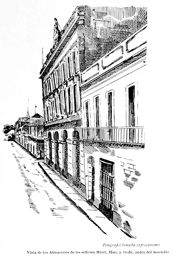 Edificio y almacén de víveres de Miret, Hermano y Goñi en Matanzas antes del incendio (Foto del Fígaro Ca. 1895).