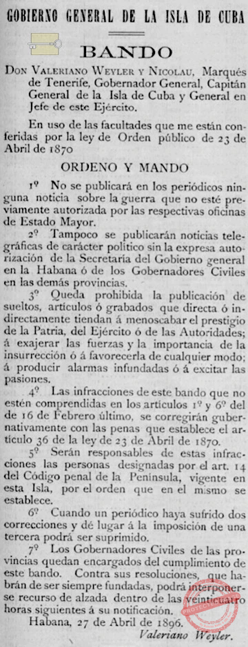 Bando de Valeriano Weyler en fecha 27 de abril, 1896.