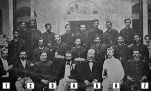 Oficialidad del Cuerpo de Bomberos del Comercio en Matanzas reunidos con motivo de un festival en 1899. Dr. Galup, General Pedro Betancourt, Dr. Alfredo Carnot y otros.