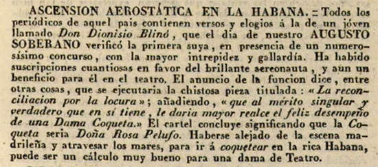 Publicación referente a la ascensión de José Domingo Blinó en la Habana (1831).