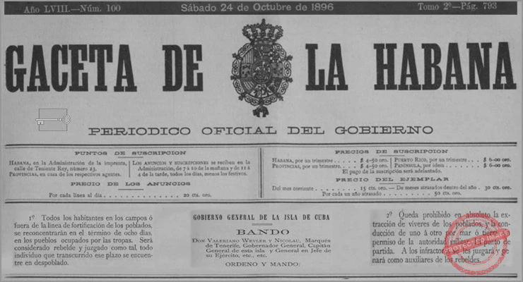 Bando de Valeriano Weyler donde se censura la prensa en Cuba. Con fecha 27 de abril de 1896 se publicó en la Gaceta de la Habana correspondiente al 29.
