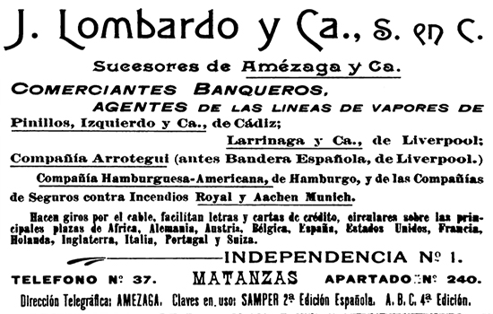 Anuncio de J. Lombardo y Ca. sucesores de Amézaga y Ca. en el Directorio Mercantil para 1901.