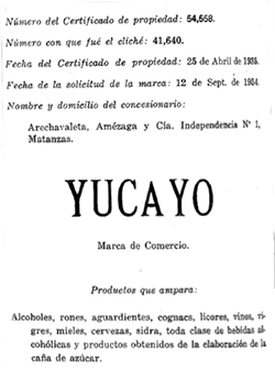 Marca de Comercio Yucayo perteneciente a la Arechavaleta Amézaga y Ca. (Ca. 1935).