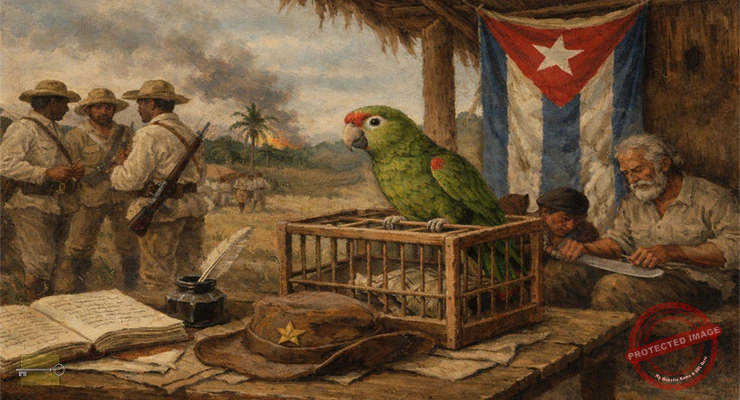 Recreación visual de un loro en una jaula dentro de un campamento mambí durante la Guerra de Independencia de Cuba.
