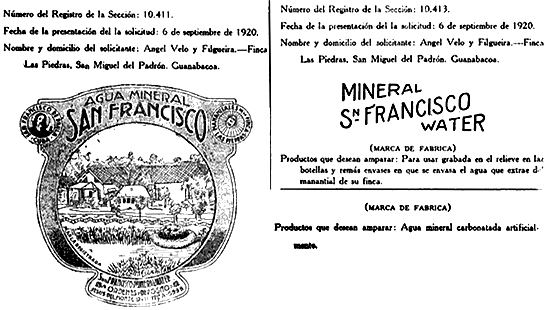 Marca de Fábrica solicitada en 1920 por la San Francisco Mineral Water Co. y Angel Velo Filgueira.