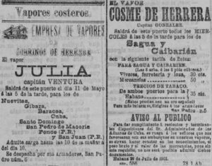 Empresa de Vapores de Sobrinos de Herrera. Vapores Julia y Cosme de Herrera anuncio en el Diario La Marina, mayo 1902.