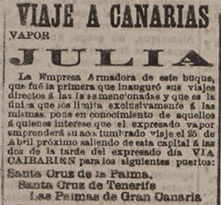 Anuncio del viaje a Canarias en el Vapor Julia desde la Habana y Caibarién en 1894.