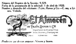 Registro del nombre El Almacén para amparar los productos de la firma Tejón, Ramos y Ca. (Abril 1920).