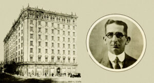 Edificio de la Metropolitana Nacional de Seguros en construcción y su director José P. Díaz (Ca. 1925).
