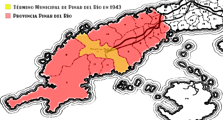 Municipio de Pinar del Río en la provincia del mismo nombre según el Atlas del Censo de la República de Cuba en 1943.