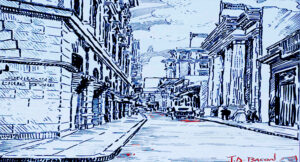 Calle del Obispo (Dibujo del artista alemán Bacon, hecho expresamente para El Fígaro a su paso por la Habana.)
