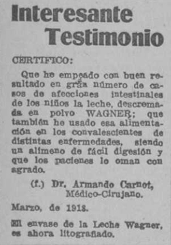 Publicidad de Wagner en 1920 con testimonio del Dr. Armando Carnot.