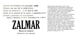 Marca de comercio Zalmar de Zaldo Martínez y Cía. en 1933.