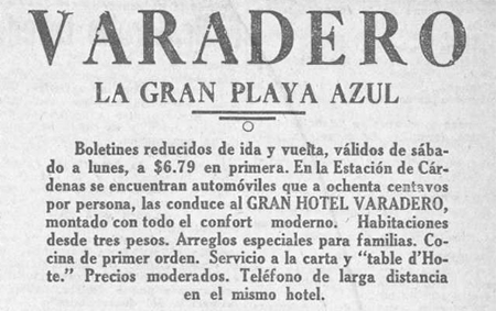 Anuncio del Gran Hotel Varadero en julio de 1917.