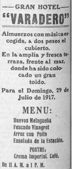 Gran Hotel Varadero anuncio de almuerzo para el domingo 29 de julio 1917.