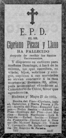 Esquela fúnebre de Cipriano Picaza y Llano (Q.E.P.D.)