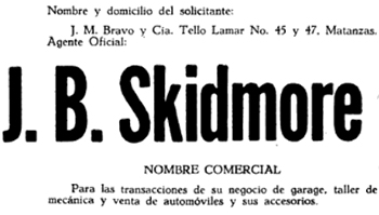 J. B. Skidmore registro del nombre comercial  para transacciones del negocio en 1956.