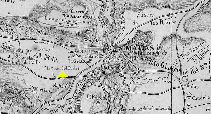 Plano que muestra La Cruz del Padre como tienda o taberna cercana a la aldea de San Matías en la zona de Guanabo. Carta Geo Topográfica de Esteban Pichardo (Ca. 1853).