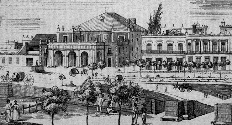 Teatro Tacón y Plaza de Isabel II en la Habana. El Teatro fue construido por Pancho Marty (Francisco Marty Torrens) y nombrado así  en honor al Capitán General Miguel Tacón y Rosique. (Grabado Ca. 1852).