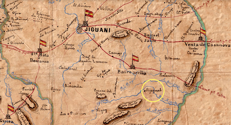 Bijagual de Jiguaní lugar donde ocurrió la deposición de Carlos Manuel de Céspedes (Plano de Carlos Segrera B. 1872).