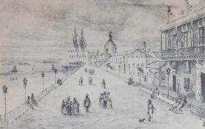 Alameda de Paula. Dibujo sobre piedra por F. Mialhe, impreso en la litografía de la Real Sociedad Patriótica para el libro Isla de Cuba Pintoresca.