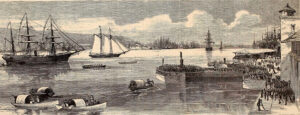 Puerto de la Habana. Desembarco de refuerzos españoles para Cuba (Harper's 1869).