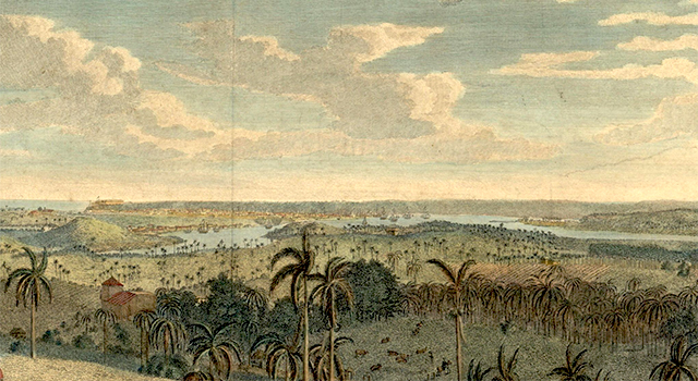 Vista del puerto y ciudad de La Habana desde Jesús del Monte. Dibujo de Elias Durnford grabado por T. Morris (Febrero 1765).