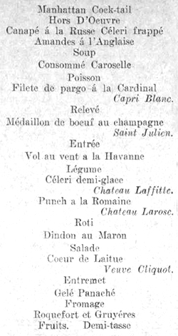 Menú ofrecido por Guillermo del Toro en la inauguración del Hotel Manhattan de la Habana en 1910.