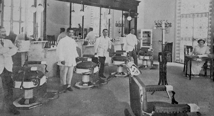 Las Columnas de Junco y Gutiérrez en la Habana. Interior del salón de barbería (Ca. 1914).
