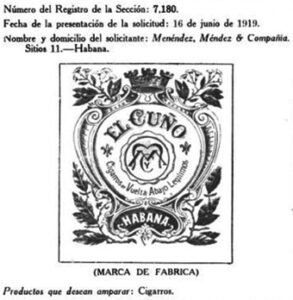 Solicitud de la marca de fábrica El Cuño para cigarros en 1919.