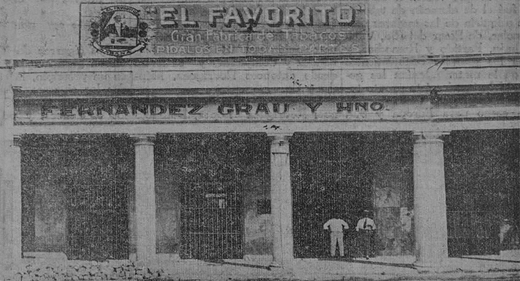 El Favorito almacén y escritorios de la fábrica de tabacos de los Fernández Grau en la calle de Monte 116, Habana (Ca. 1918).