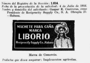 Registro de la marca de machetes Liborio por la Reciprocity Supply Company en 1916.