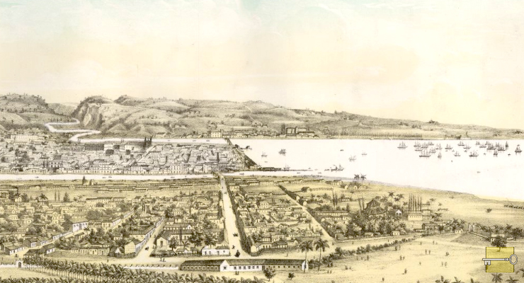 Vista parcial de la ciudad de Matanzas dibujada por L. Barañano y litografiada por E. Bourrelier. Publicada en 1856 es la villa que conocieron muchos de los primeros revolucionarios matanceros mencionados por Trelles.